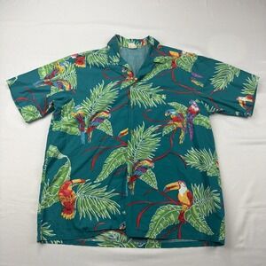 Vintage‎ Barefoot in Paradise Aloha Shirt LARGE Green Tropical Parrot USA Made